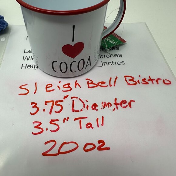 Sleigh Bell Bistro I Love Cocoa Metal Mug Red Rim White Enamel Cup 20 oz Holiday - Picture 14 of 14